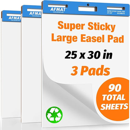 AFMAT Sticky Easel Pads, 25 in x 30 in Flip Chart Paper for Teachers, Super Sticky & Bleed-Resistant, Self-Stick Easel Paper for Office/Classroom/Whiteboard/Wall/Windows, 30 Sheets/Pad, 3 Pads