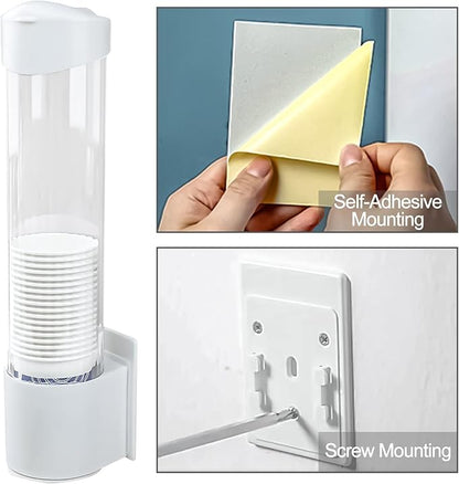 Cup Dispenser, Water Cooler Pull Type Cup Holder Fits 5oz - 7oz Cone or Flat Bottom Cups, Paste or Screw Plate Wall Mount, 15" Tube Length White