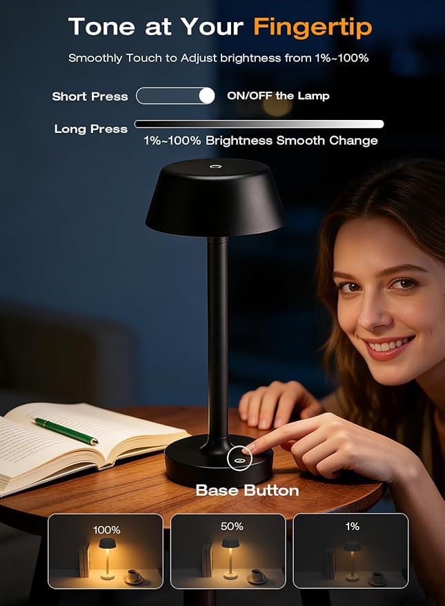 Cordless Rechargeable Table Lamp with Power Charger,Portable LED Desk Lamp,5000mAh Battery Operated,2700K-5700K Tunable,Stepless Dimming for Bedroom Bedside Outdoor Camping Light,Black