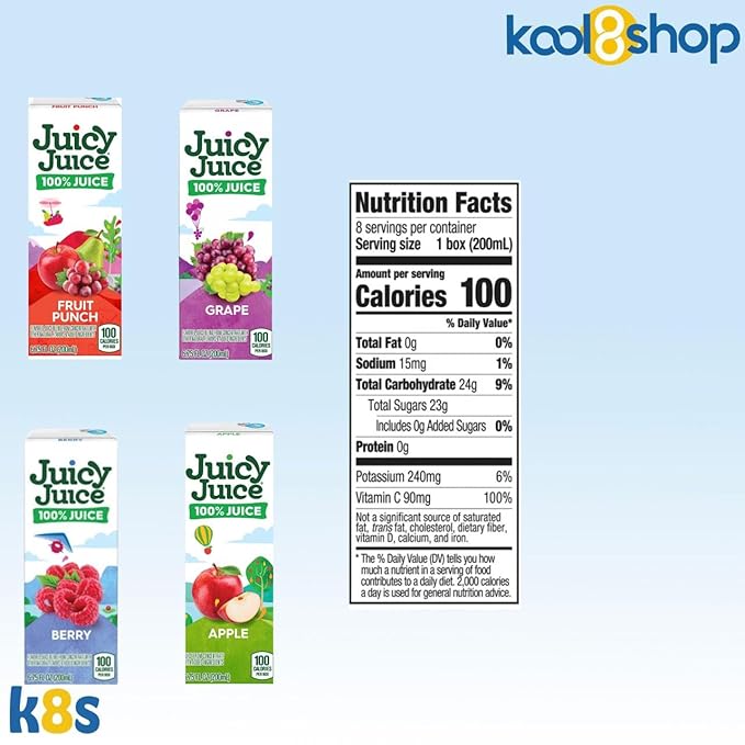 Juicy Juice Variety Pack 100% Juice No Sugar Added On the Go Box 6.75 fl oz 32 Pack + 2 Reusable Snack Bags by KOOL8SHOP Infinite Deals