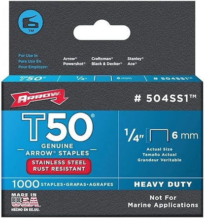 Arrow Fastener 504SS1 Heavy Duty T50 Stainless Steel Staples for Upholstery, Construction, Furniture, Crafts, 1/4-Inch Leg Length, 3/8-Inch Crown Size,1000-Pack