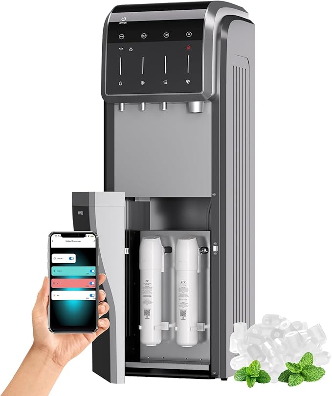 ICEPURE 6-in-1 Bottleless Water Cooler with Ice Maker with 2-Stage Filters, WiFi, Bullet and Crushed Ice, 35lbs/24H, Hot and Cold Water Dispenser Built-in Ice Machine, Child Lock, Stainless Steel