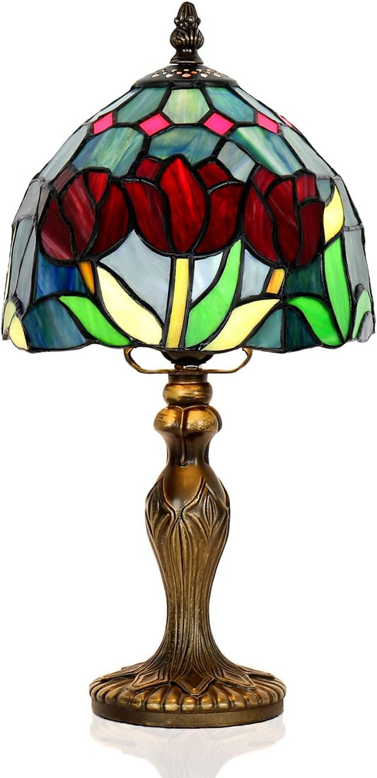Stained Glass Lamp，Tulip Style Table Lamp，8 Inch Small Antique Lamp, for Bedside Nightstand Bedroom Living Room Home Office