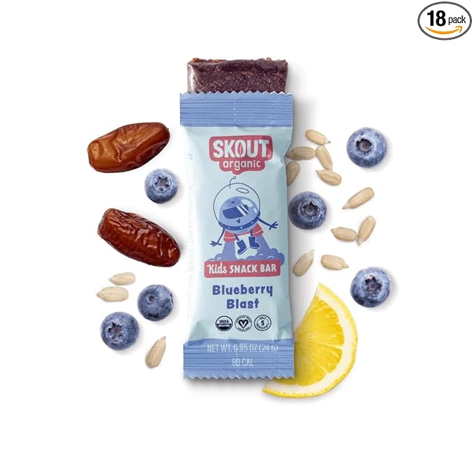 Skout Organic Blueberry Blast Real Kids Snack Bars (18 Pack) | Organic Kids Snack Bars | Plant-Based Nutrition, No Refined Sugar | Vegan | Gluten, Dairy, Grain, Peanut, Tree Nut & Soy Free