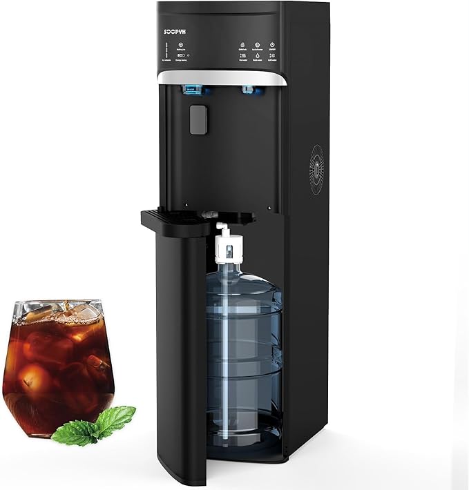 Self-Cleaning Hot and Cold Water Cooler Dispenser with Ice Maker Bottom Loading for 3 or 5 Gallon Bottle 22lbs Daily Capacity LED Display with Empty Bottle Alert Black