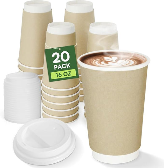 Disposable Coffee Cups with Lids 16 oz To Go Hot Cups,20 Pack Double Wall Paper Cups with Lids, BPI Compostable PLA Coated Natural Kraft Insulated Disposable Cups for Togo Office Cafe Party Travel