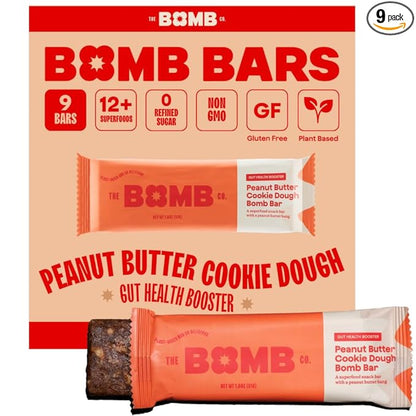 The Bomb Co. Blender Bomb Bar, Peanut Butter Cookie Dough, Superfood Snack Bar for Gut Health, Peanut Butter, Hemp Seeds, Chia Seeds, Flax Seeds, Sea Salt, Aloe Vera, Vegan Chocolate Chips, 9 Bars