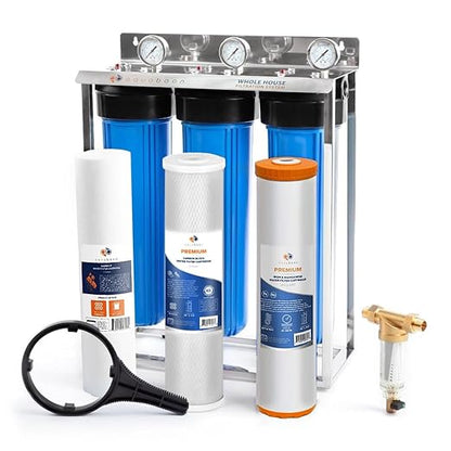 Aquaboon 3-Stage Whole House Water Filter System with Prefilter, 20x4.5 Carbon Block, Iron & Manganese, Sediment Filters, Pressure Gauge & Release, Wrench, Freestanding Steel Frame