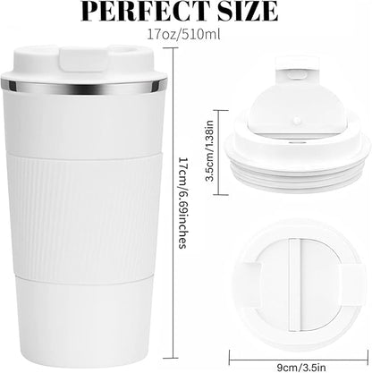 YINBAOGE Insulated Travel Coffee Mug, Spill & Leak Proof, Portable To Go Camping Stainless Steel Coffee Tumbler, Reusable Thermal Coffee Cup with Lid for Hot & Cold Drinks (White, 17 OZ)