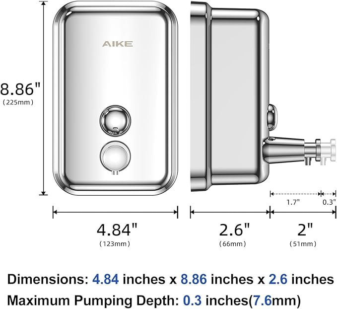 AIKE Polished Stainless Steel Wall Mount Pump Soap Dispenser Polished 34 fl.oz. AK1001