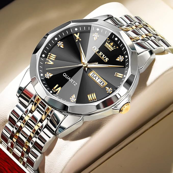 OLEVS Watches for Men Diamond Business Dress Analog Quartz Stainless Steel Date Luxury Casual Fashion Wrist Watch Waterproof Luminous