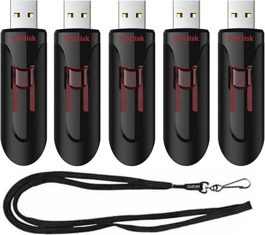 SanDisk 128GB (5 Pack) Cruzer Glide USB 3.0 Flash Drive SDCZ600-128G Bundle with (1) GoRAM Black Lanyard (128GB, 5 Pack)