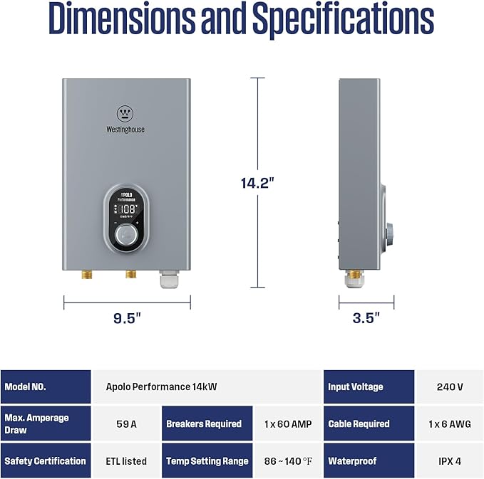 Westinghouse 14kW 240V Smart WiFi Tankless Water Heater Electric, Compatible with Alexa & Google Home, ETL Certified, IPX4, Gray - Upgrade (APOLO-2.0)