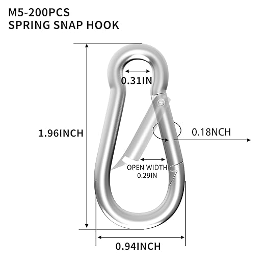 200PCS M5 Spring Snap Hook Carabiner, Heavy Duty Galvanized Steel Carabiner Clip, 220LBS Holding Capacity Spring Clips for Hammock Swing Outdoor Travel