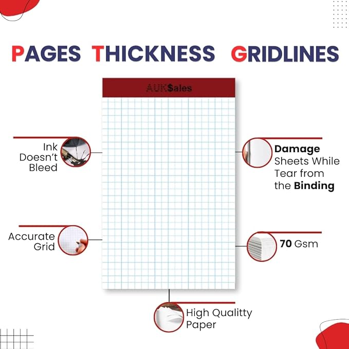 Grid Paper Pad 5x8 Inches, Graph Paper Pad 4x4, Grid Notepad, 3 Pack, 5x8 Graph Paper 1/4 Grid, Graphing Paper, Engineering Pad, 100 Sheets 200 Pages Perforated Pad for School, Home, & Office