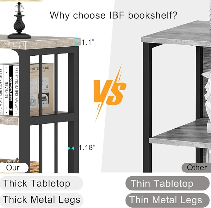 IBF Industrial Horizontal Bookshelf, Modern 5 Cube Storage Organizer Open Shelf, Low Wide Cubby Bookcase for Home Office Living, Wooden Metal Short Book Shelf Bedroom Storage, Light Grey Oak, 47 Inch