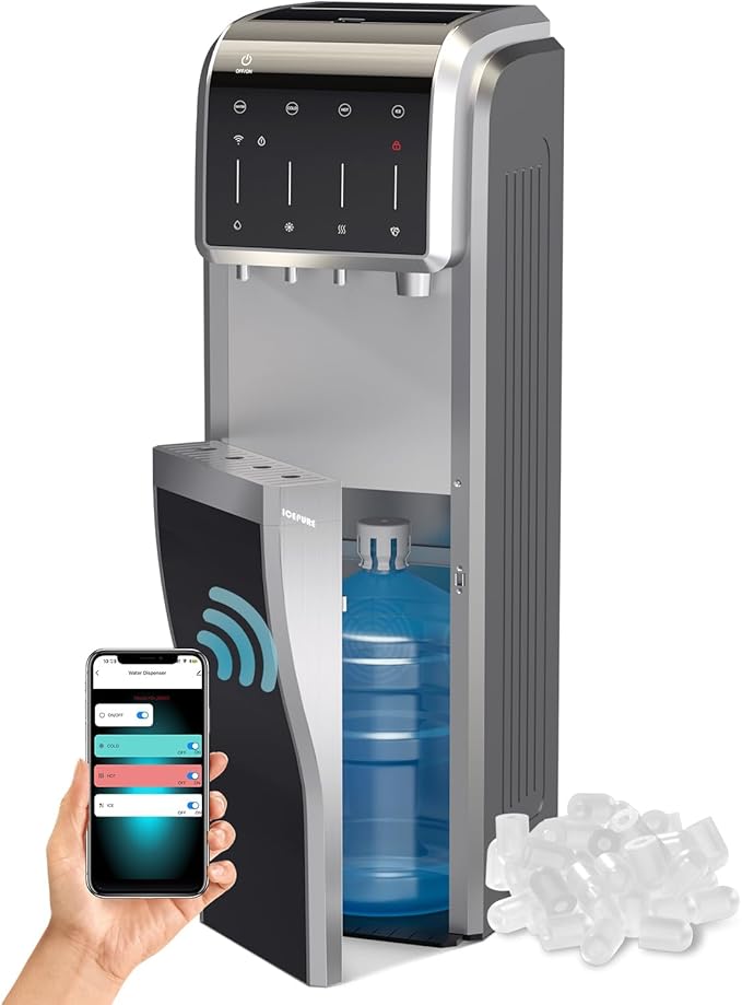 ICEPURE 5-in-1 Water Cooler with Ice Maker, Bottom Load for 5 Gallon Bottle, WIFI, Bullet and Crushed/Chewable Ice, 35lbs/24H, Hot and Cold Water, Water Dispenser Built-in Ice Machine, Stainless Steel