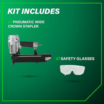 Metabo HPT Wide Crown Stapler, Pro-Preferred Pneumatic Power Nailers, Lathing Tool for Sheathing & Insulation, Quick Response, 16 Gauge, Up to 150 1" Wide Crown Staples, Length 1" to 2", N5024A2