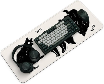 Funny Cute Cat Gaming Mouse Pad with Non-Slip Rubber Base, Large Anime Mousepad with Stitched Edges, Long Keyboard Mat for Home and Office, 31.5 x 11.8 inches (Funny Black Cat)