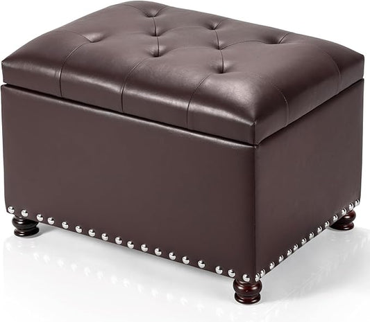 Adeco Bonded Leather Square Tufted Storage Footstool, 18" ottoman, Dark Brown