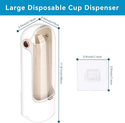 Cup Dispenser, Disposable Cup Holder for 5-7 oz Paper Cups and Plastic Cups, Wall Mount Water Cooler Cup Holder for Bathroom Office Home Gym, Pull Type Water Cup Dispenser with Clear Window - White