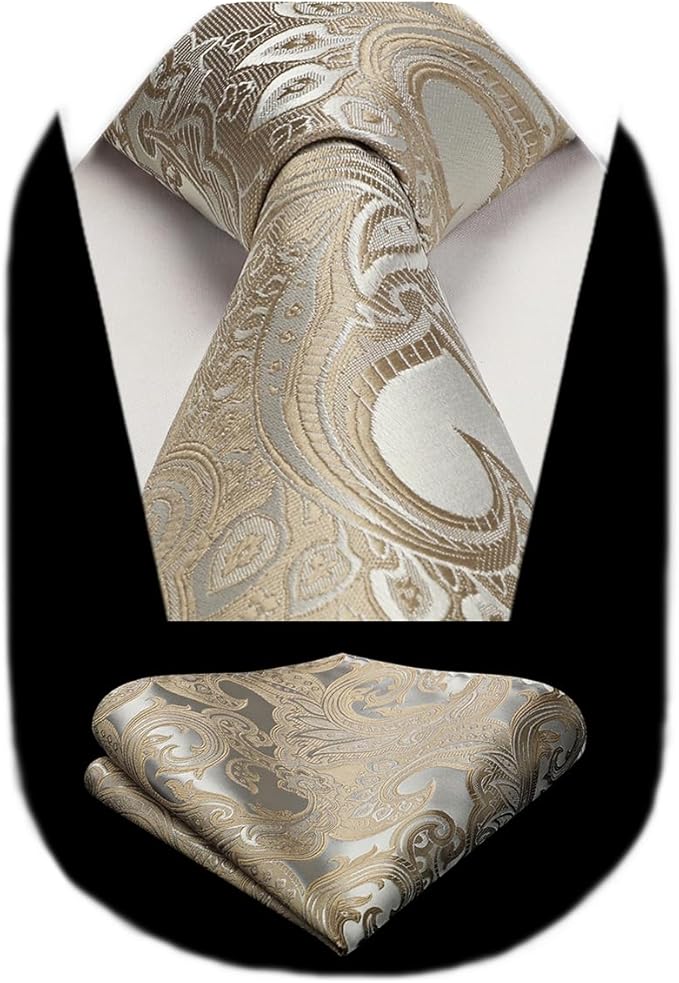 HISDERN Men Floral Ties Woven Classic 3.4" Necktie Set Formal Tie Pocket Square for Wedding with Handkerchief Gift Box
