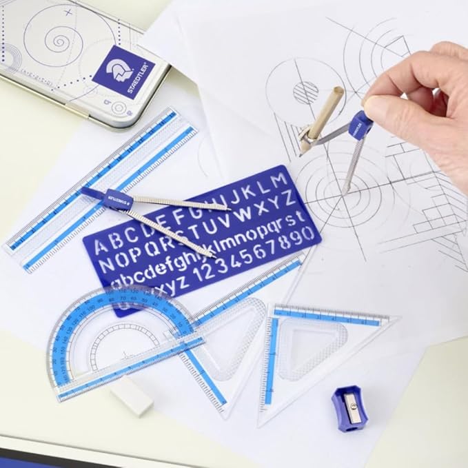 STAEDTLER 10-Piece Math Set with Metal Compass 12-Pack (12 Sets of 10 pcs), 6" Ruler & Triangle Squares, 45° & 30/60° Set Squares, Alphabet Stencil - Measuring Tools, 120 Count