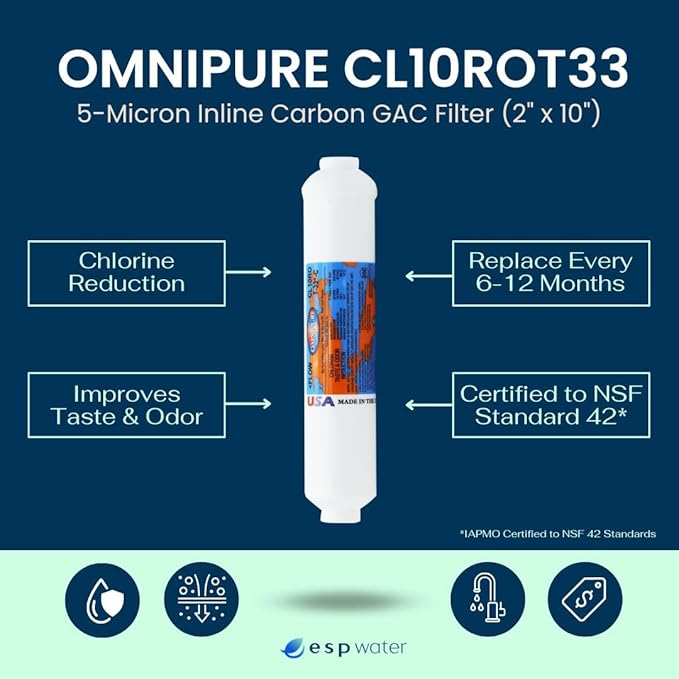 Omnipure CL10ROT33-CC Inline GAC Carbon Filter 5-Micron, 10" x 2" with 3/8" Female Thread Fittings, Removes Chlorine and Improves Taste & Odor for RO Systems, Ice Makers, Water Coolers, Fountains