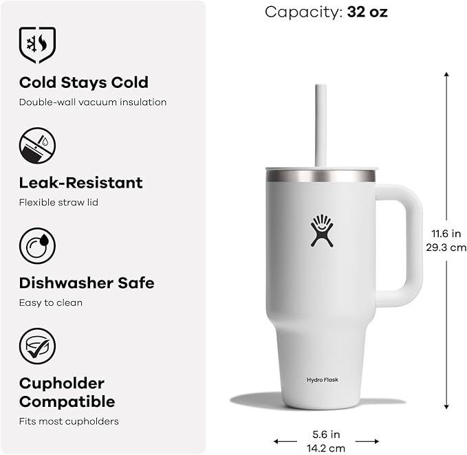 Hydro Flask Travel Tumbler with Handle, Lid and Straw - Insulated Stainless Steel in 32 Oz Seacliff