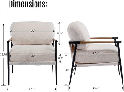 LukeAlon Mid-Century Sherpa Accent Chair, Ultra Soft Living Room Chair with Metal Legs Modern Armchair Lounge Chair Upholstered Comfy Leisure Chair for Bedroom Reception Area Reading Room, White
