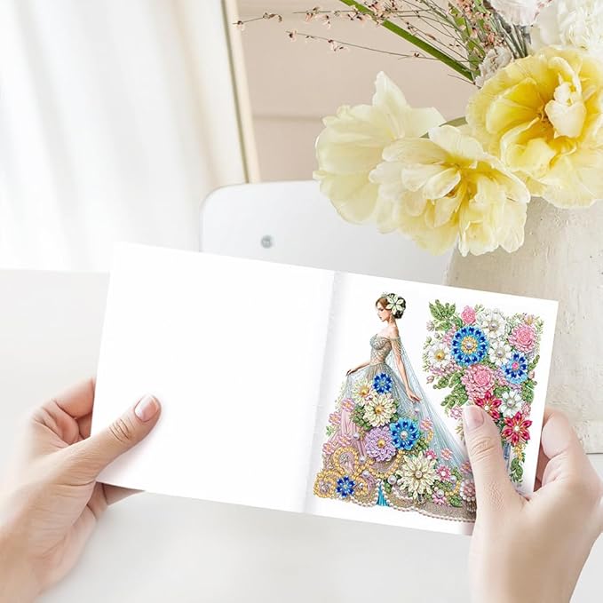 6pcs DIY Dress Girl Diamond Art Painting Greeting Cards Kit, Rhinestone Art Holiday Birthday Card Set with Envelopes, DIY Festival Craft for Girlfriend, Christmas Valentine Gift Making Supplies