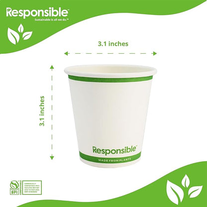 Responsible Products Certified Compostable 6 oz Paper Cups, Cold ＆ Hot Coffee Cups, Disposable Paper Cups, Extra Strength Disposable Cups, Made without PFAS (50 count)