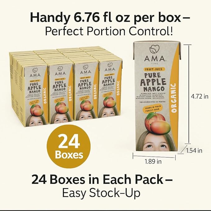 AMA TIME Organic Apple & Mango Juice Boxes for Kids, 24 Pack | 6.76 fl oz Each | USDA Organic Juice with Vitamins A & C | No Added Sugar, Gluten-Free, Lunchbox & Snack Box Drinks