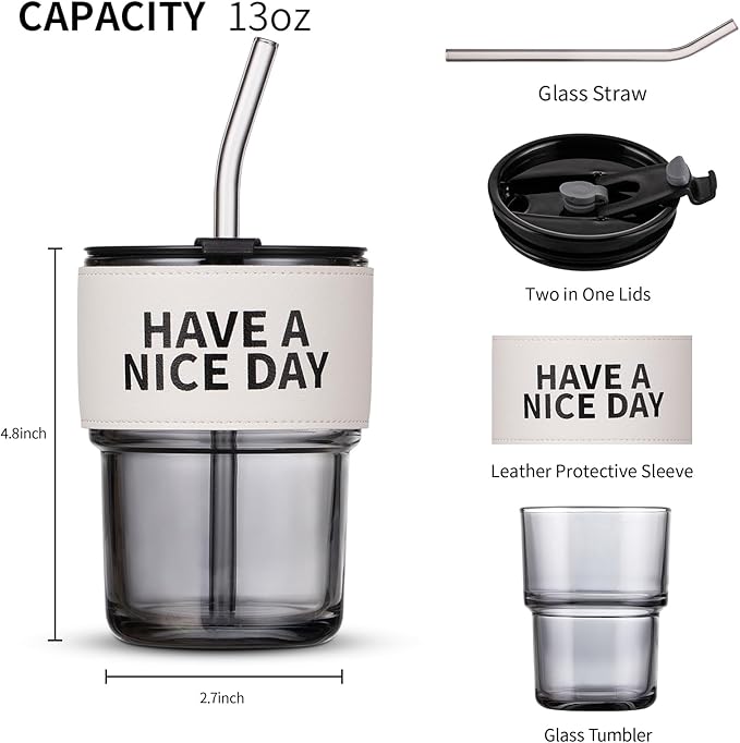 13oz/400ml Christmas Glass Water Tumbler with Straw and Lid Sealed Carry On Thick Wall Iced Coffee Cup Glass Cup for Water, Iced Tea Fruit Juice Etc (Have a nice day)