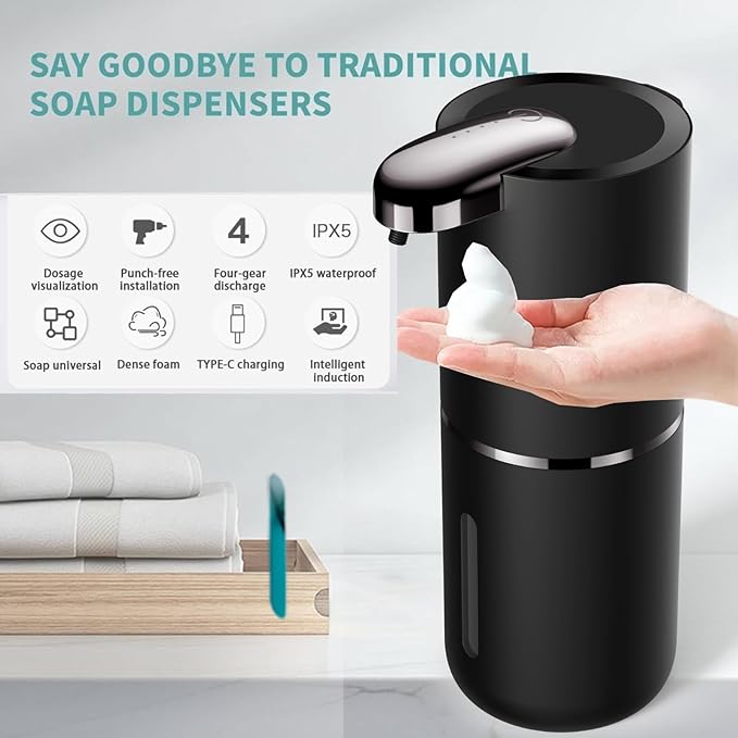 2 Pack Automatic Soap Dispenser, Touchless Foam Soap Dispenser Dispenser Electric Wall Mounted Motion Sensor Waterproof Dispenser Pump for Thin & Thick Liquid(Black)