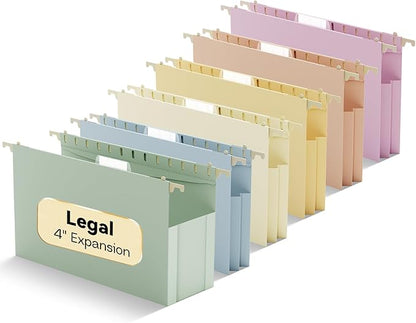 Plastic Legal Size Hanging File Folders Extra Capacity,4" Expanding Pocket,6 Pack Legal Expandable Large Pastel Hanging Folders with Tabs,Heavy Duty Filing Cabinet Folders for Bulky Files