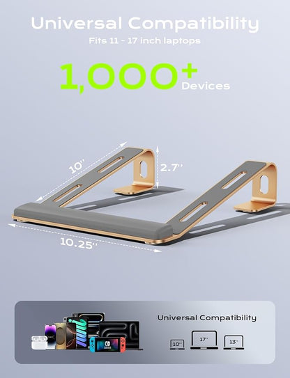 Aluminum Laptop Stand, Notebook Stand with Wrist Rest, Ergonomic Detachable Laptop Mount, Computer Stand Compatible with 10-17'' All Laptops Such as MacBook Air Pro/HP/Dell/Lenovo, Gold