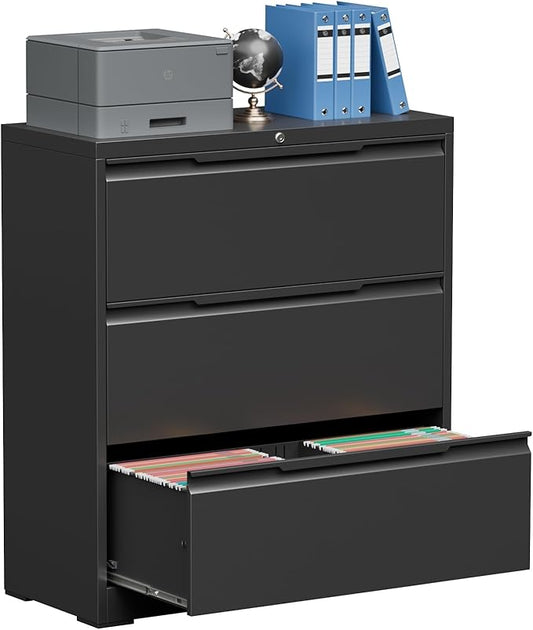 Lateral File Cabinet, 3 Drawer Lateral File Cabinet with Lock, Lockable Metal File Cabinet for Home Office, File Cabinet for Letter/Legal/F4/A4 Size (Black, 3 Drawer)