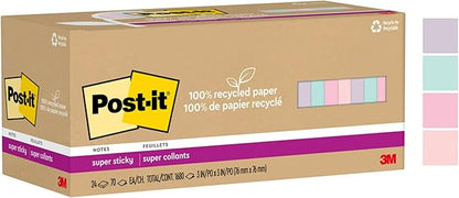 Post-it Super Sticky Notes 3x3 inch Wanderlust Pastels | 100% Recycled Paper | 2X Sticking Power | For Office & School | 24 Pads, 70 Sheets, Pack of 8