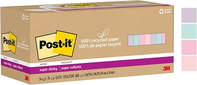 Post-it 100% Recycled Paper Super Sticky Notes, 2X The Sticking Power, 3x3 in, 24 Pads/Pack, 70 Sheets/Pad, Wanderlust Pastels Collection (654R-24SSNRPCP)