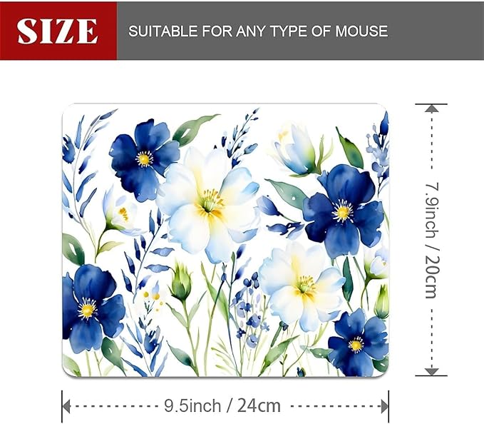 Square Mouse Pad White Blue Flowers 1, Personalized Premium-Textured Custom Mouse Mat Design, Washable Mousepad Cloth, Non-Slip Rubber Base Computer Mouse Pads for Wireless Mouse