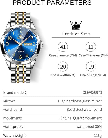 OLEVS Watch for Men Luxury Dress Analog Quartz Stainless Steel Waterproof Luminous Date Diamond Business Two Tone Casual Wrist Watch