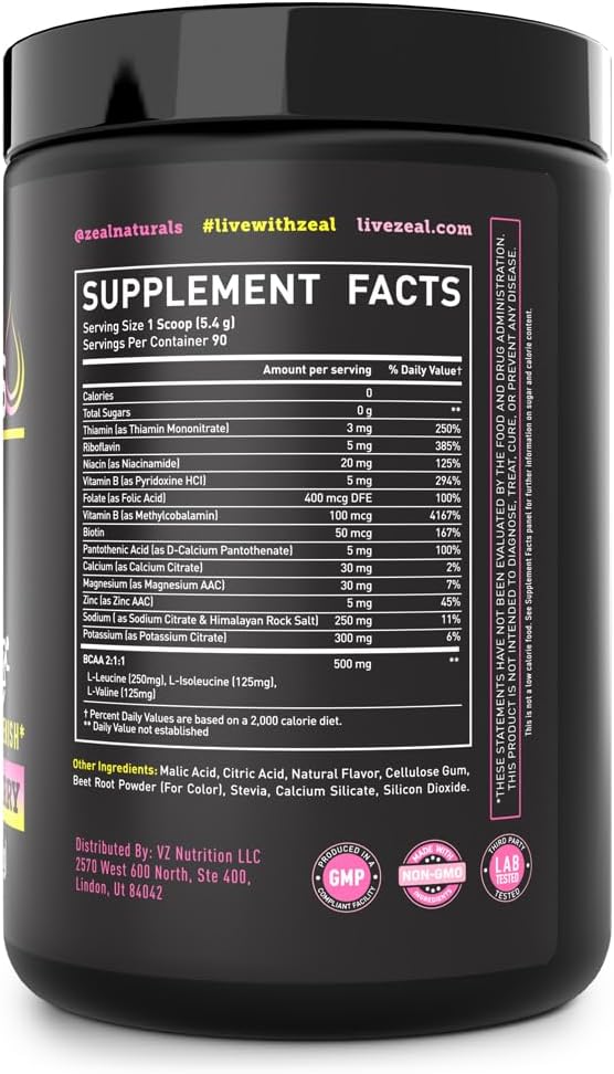 Zeal Electrolyte Powder - 90 Servings | Keto Electrolytes Powder | Zero Sugar, BCAAs, B-Vitamins | Potassium, Zinc, Magnesium | Hydration Powder Recovery Drink | Lemon Berry