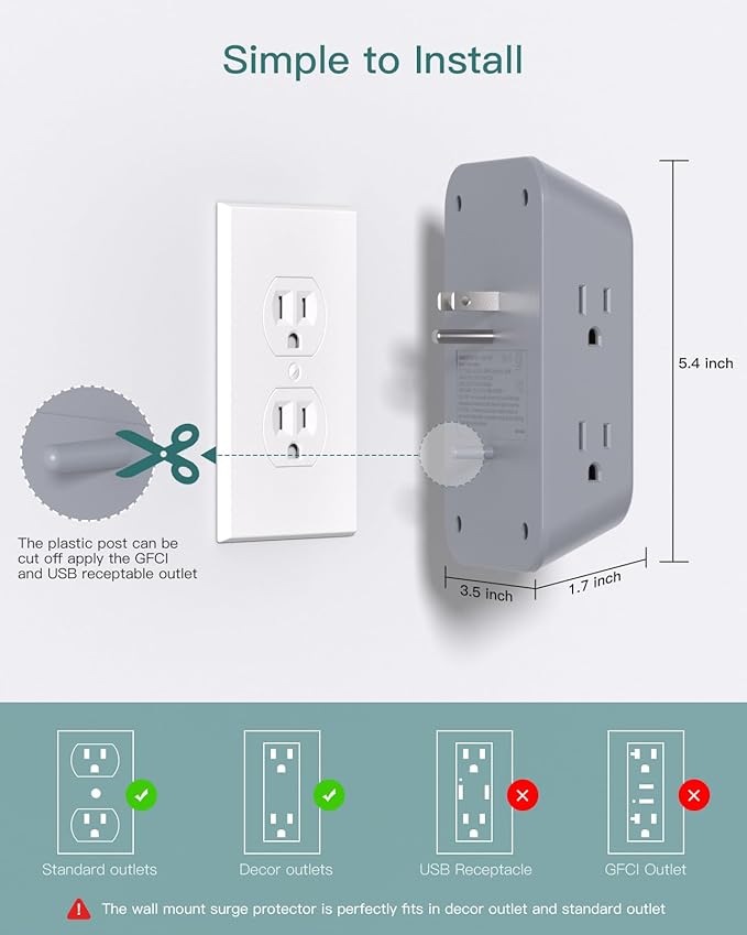 Addtam Surge Protector Outlet Extender, Multi Plug Wall Outlet with 4 USB Ports(2 USB-C), 3-Sided 1800J Power Strip Plug Extension Outlet Splitter, Gray