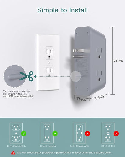 Addtam Surge Protector Outlet Extender, Multi Plug Wall Outlet with 4 USB Ports(2 USB-C), 3-Sided 1800J Power Strip Plug Extension Outlet Splitter, Gray