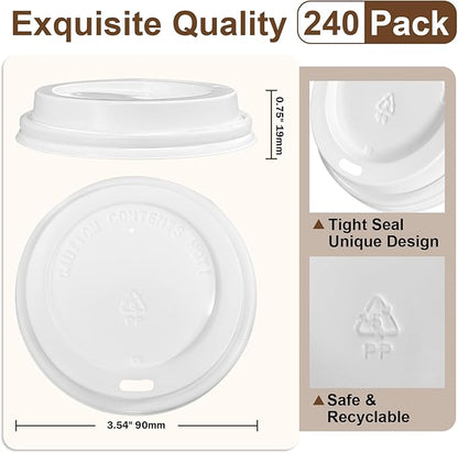 240 Pack Coffee Cup Lids, Disposable Coffee Lid, Leak Proof Plastic Lids for 10, 12, 16, 20, 24 oz Paper Cups, Hot Cup Lid 3.54 Inches/90 mm Diameter