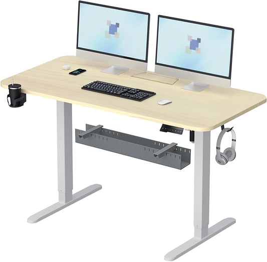Standing Desk with Cable Management Tray, 55"x24" Electric Height Adjustable Sit Stand Desk, Memory Presets, Anti-Collision, Workstation for Home Office, Light Wood Top White Frame