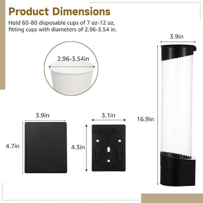 Wall-Mounted Disposable Cup Dispenser, Pull-Type Plastic Cup Holder with Adhesive, Screws & Adsorbent Plate for Water Cooler, Fits 7 oz–12 oz Cups for Home & Office Use