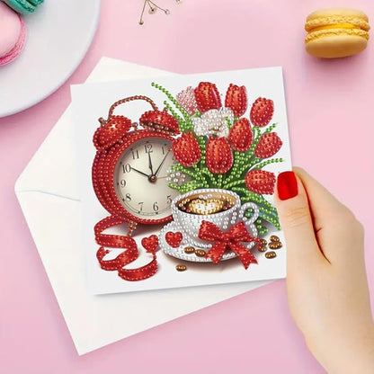 6pcs DIY Valentine Flower Coffee Diamond Art Painting Greeting Cards Kit, Rhinestone Art Holiday Birthday Card Set with Envelopes, DIY Festival Craft for Girlfriend, Christmas Valentine Gift Making Supplies