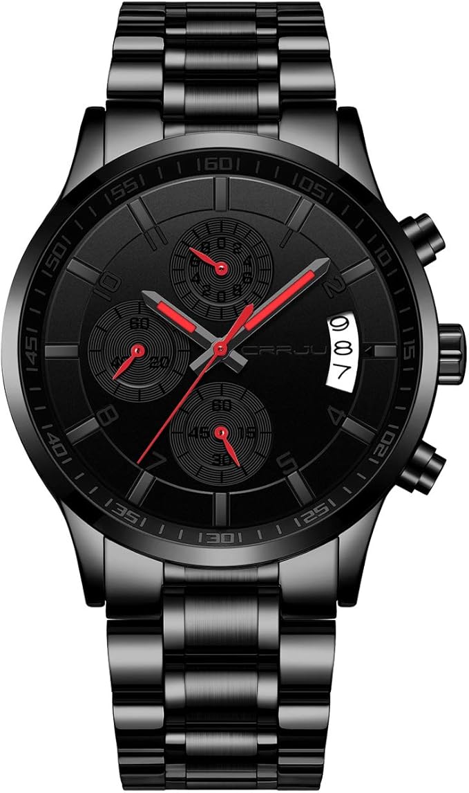 CRRJU Men's Fashion Stainless Steel Watches Date Waterproof Chronograph Wristwatches,Black Steel Band Waterproof Quartz Watch for Men
